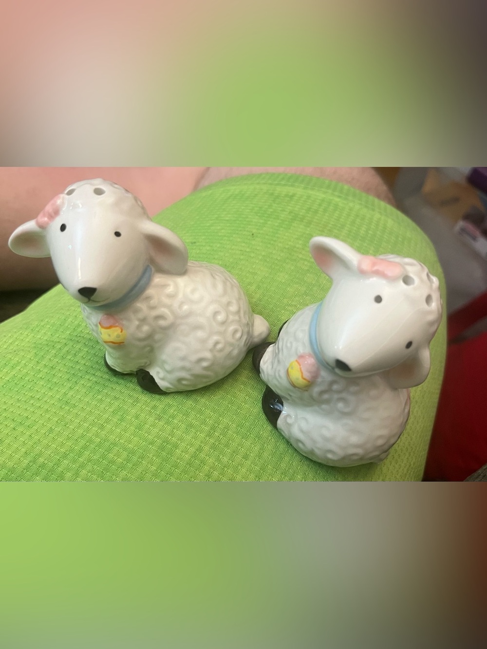 Ceramic Lamb Salt and Pepper Shakers - White with Pastel Accents